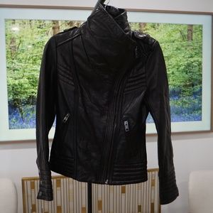 Michael Kors, Black leather jacket with cotton fleece on neck line, Size XS